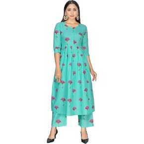 Indian Kurti for Womens With Pant | Sky Blue Rayon Block Printed Kurta Partywear Kurtis For Women Tops Tunic