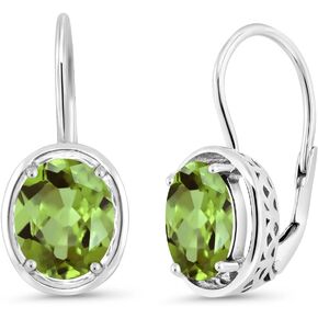 Gem Stone King 925 Sterling Silver Green Peridot Dangle Earrings For Women (3.60 Cttw, Gemstone Birthstone, Oval 9X7MM)