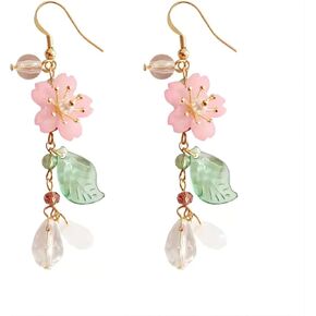 Classical Cherry Blossom Petal Dangle Earrings Pink Flower Tassel Drop Earrings Spring Summer Seaside Idyllic Holiday Earrings