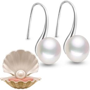 925 Sterling Silver Hoop Handpicked AAA+ Quality 7.5-8mm White Freshwater Cultured Pearl Dangle Drop Earrings Jewelry for Women Girls