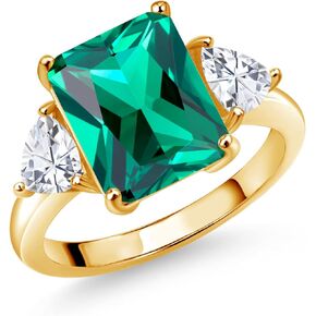 18K Yellow Gold Plated Silver Green Nano Emerald and White Moissanite 3 Stone Ring For Women (6.42 Cttw, Emerald Cut 12X10MM, Trillion 5X5MM, Gemstone May Birthstone, Available in Size 5,6,7,8,9)