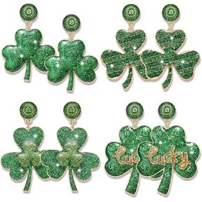 4/6Pairs St. Patrick's Day Earrings for Women, Beaded Shamrock Earrings Lucky Green Leaf Earring for Layered Tassel Earrings Irish Holiday Jewelry Gift
