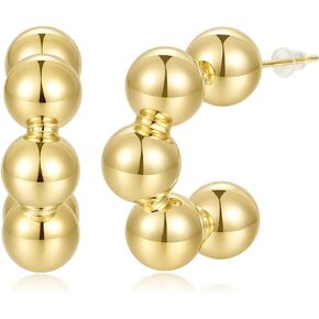KissYan Gold Beaded Hoop Earrings, 14K Gold Plated Round Ball Drop Earrings Lightweight Chunky Statement Beads Huggie Earrings Dainty Jewelry Gifts for Women Girls