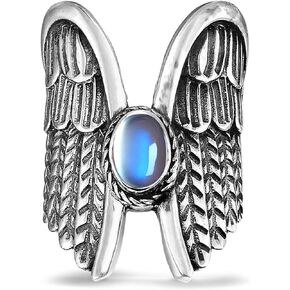 Big Large Angel Wing Moonstone Wide Chunky Band Ring for Women Girls,S925 Sterling Silver Retro Vintage Punk Cocktail Party Thumb Index Finger Ring Jewelry Gift for Her