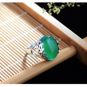 QUSIIOSLK Retro White Gold Red Gemstone Handmade Ring for Women Vintage Thai Silver Opening Adjustable Green Agate Ring Wedding Party Statement Engagement Inspired Cocktails for Woman(Green)