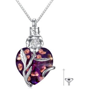 TOUPOP Heart Cremation Jewelry for Ashes Sterling Silver Birth Flower Urn Necklace with Crystal w/Funnel Filler Memorial Keepsake Jewelry for Women Girls