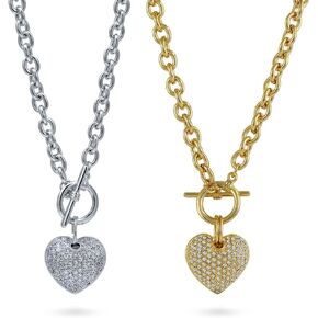 BERRICLE Heart Cubic Zirconia CZ Anniversary Toggle Pendant Necklace for Women, Gold-Tone and Silver-Tone, 2 Piece