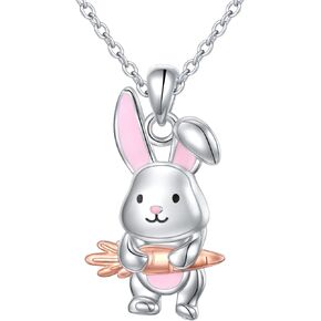 JZMSJF Easter Necklace for Women S925 Sterling Silver Bunny Holding Carrot Pendant Necklace Girls Easter Bunny Jewelry Gift