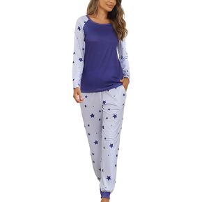 KOJOOIN Womens Pajama Set Long Sleeve Sleepwear Star Print Nightwear Soft Pjs Lounge Sets With Pockets