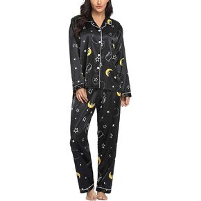 Aivtalk Women’s Satin Pajamas Set Two Piece Long Sleeve Print Button Down Sleepwear