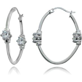 Sterling Silver Polished Cubic Zirconia Round Two Stone Oval Hoop Earrings