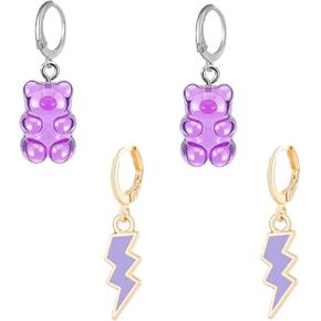 2 Pcs/Set Colorful Flash Lightning Bolt Candy Bear Hoop Huggie Earrings for Women Gummy Resin Panda Bear Earring Sets Jewelry