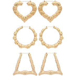 3-5 Pairs Large Hollow Out Bamboo Geometric Round Love Heart Triangle Rectangle Hoop Earrings for Women Girls Punk Fashion Gold Plated Earrings Statement Jewelry Set in Kuwait