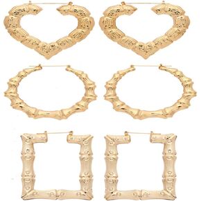 3-5 Pairs Large Hollow Out Bamboo Geometric Round Love Heart Triangle Rectangle Hoop Earrings for Women Girls Punk Fashion Gold Plated Earrings Statement Jewelry Set