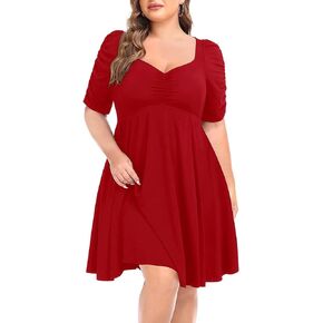 Women's Puff Sleeve Sweetheart Neckline A-Line Skater Casual Dress with Pockets