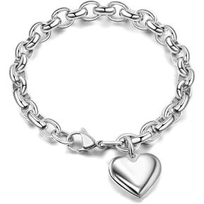 Jewelry Kingdom 1 Heart Charm Bracelet for Women Girls Silver Stainless Steel Chain Adjustable Valentines Day Jewelry Gift (Length of 7-11")