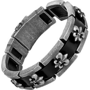 Modern Men’s Bracelet – Interlocking Box Chains with Fleur De Lis Emblem – Made of Comfy Genuine Leather & Stainless Steel – Black & Gun Metal Grey Color –Jewelry Gift or Accessory for Men