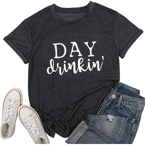 YUYUEYUE Day Drinkin' T Shirts Women Drinking All Day Letter Print Short Sleeve Funny Casual Tops Tee