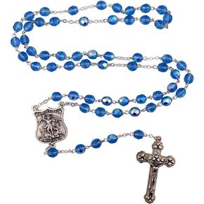 St. Saint Michael Blue Crystal Policeman Rosary | Crucifix Cross Necklace | A Great Gift Troopers | Christian Gifts