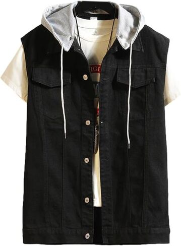 سترة Idopy الرجالية الكاجوال من الدنيم بدون أكمام مع غطاء للرأس in Kuwait