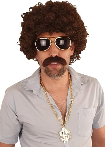 Hippie Disco Costume Set Afro Wig Sunglasses Necklace Mustache 60s Woodstock Big Daddy Brown in Kuwait