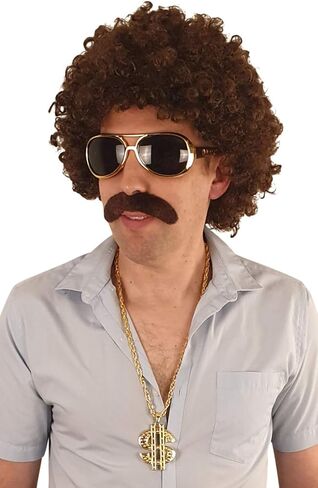 Hippie Disco Costume Set Afro Wig Sunglasses Necklace Mustache 60s Woodstock Big Daddy Brown in Kuwait