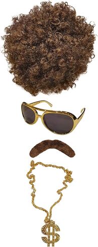 Hippie Disco Costume Set Afro Wig Sunglasses Necklace Mustache 60s Woodstock Big Daddy Brown in Kuwait