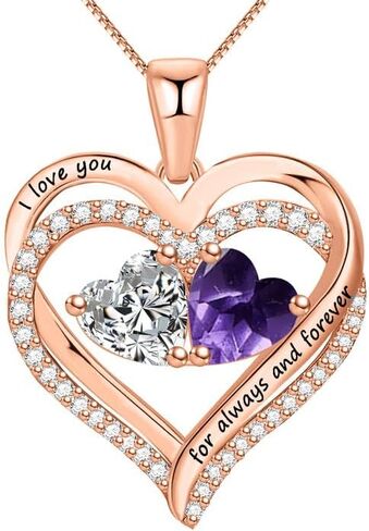 Sterling Silver Heart Necklace with 2 Birthstones for Women “I Love you for always and forever Perfect Valentine Gift in Saudi Arabia