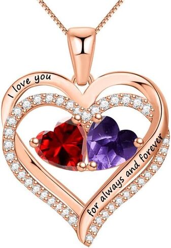Sterling Silver Heart Necklace with 2 Birthstones for Women “I Love you for always and forever Perfect Valentine Gift in Saudi Arabia