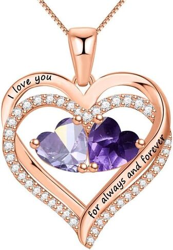 Sterling Silver Heart Necklace with 2 Birthstones for Women “I Love you for always and forever Perfect Valentine Gift in Saudi Arabia