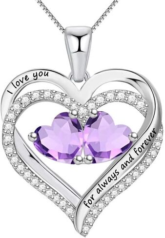 Sterling Silver Heart Necklace with 2 Birthstones for Women “I Love you for always and forever Perfect Valentine Gift in Saudi Arabia