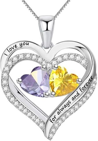 Sterling Silver Heart Necklace with 2 Birthstones for Women “I Love you for always and forever Perfect Valentine Gift in Saudi Arabia