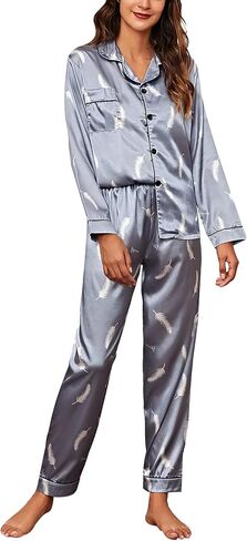 Aivtalk Women’s Satin Pajamas Set Two Piece Long Sleeve Print Button Down Sleepwear in Saudi Arabia