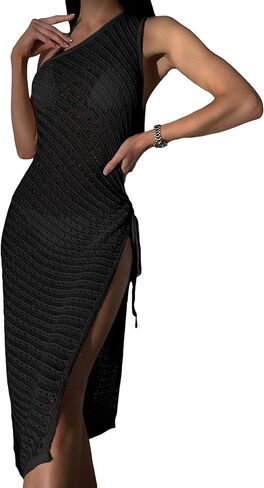 GORGLITTER Women's One Shoulder Crochet Cover Up Dress Sleeveless Drawstring Side Split Thigh Beach Coverup Dresses in Saudi Arabia
