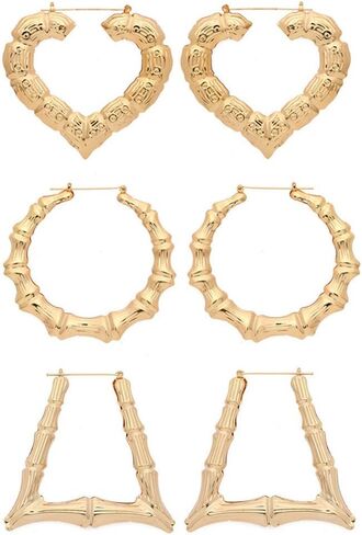 3-5 Pairs Large Hollow Out Bamboo Geometric Round Love Heart Triangle Rectangle Hoop Earrings for Women Girls Punk Fashion Gold Plated Earrings Statement Jewelry Set in Kuwait