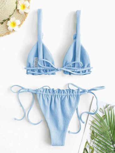 ZAFUL Womens Bikini Set Tie Knot Ruched Triangle Swimsuit Cheeky Swimwear Two Piece Bathing Suits in Saudi Arabia