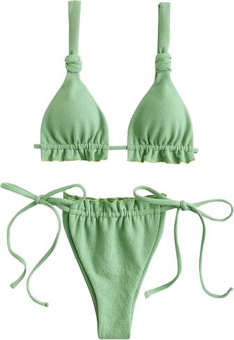 ZAFUL Womens Bikini Set Tie Knot Ruched Triangle Swimsuit Cheeky Swimwear Two Piece Bathing Suits in Saudi Arabia