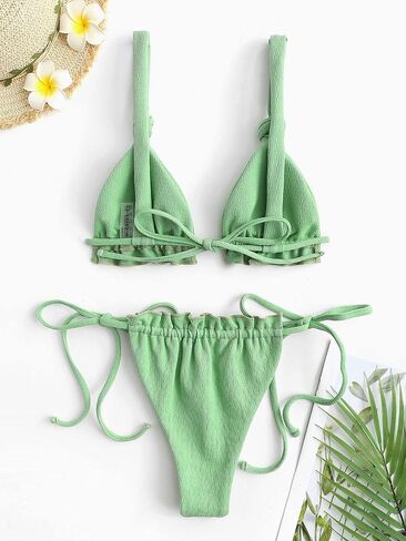 ZAFUL Womens Bikini Set Tie Knot Ruched Triangle Swimsuit Cheeky Swimwear Two Piece Bathing Suits in Saudi Arabia