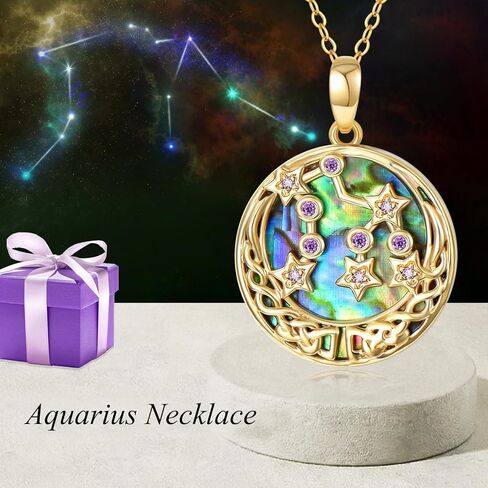 Aihpos 14K Solid Gold Aquarius Necklace - Unique Aquarius Constellation Necklace Yellow Gold Aquarius Pendant Necklace in Kuwait