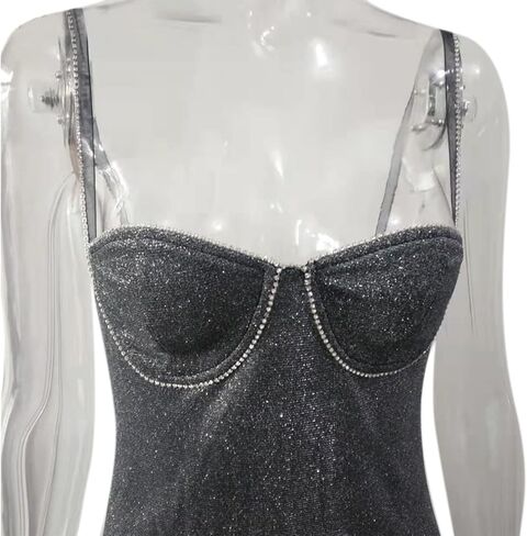 ZGMYC Women's Sexy Glitter Rhinestone Spaghetti Strap Mini Dress Sleeveless Low-Cut Bodycon Cocktail Party Club Dress in Kuwait