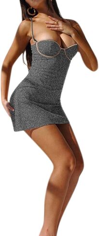 ZGMYC Women's Sexy Glitter Rhinestone Spaghetti Strap Mini Dress Sleeveless Low-Cut Bodycon Cocktail Party Club Dress in Kuwait