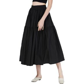 BEAUZSUZSANA 100% Cotton Women Skirt High Elastic Waist A-Line Vintage Puffy Pleated Skirt with 2 Pockets