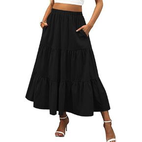 LYANER Women's Elastic High Waisted Ruched Tiered Ruffle Hem Long Skirt with Pockets