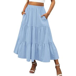 LYANER Women's Elastic High Waisted Ruched Tiered Ruffle Hem Long Skirt with Pockets