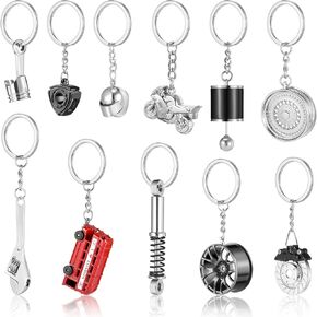11 Pieces Auto Parts Metal Key Chain Set Spinning Turbo Keychain Wrench Keyring Motorcycle Helmet Key Holder Wheel Tire Rim Brake Rotor Keychain for Car Lover Christmas Graduation Father's Gift