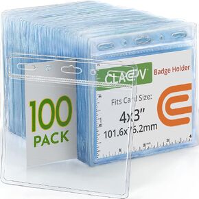 Claev Vertical Large (L) Flexible and Tear Resistant ID Badge Holders (Clear, 3x4 Inch, 100 Pack), Clear Easy Open Plastic Name Card Holders for Conferences, Conventions, Offices & Schools