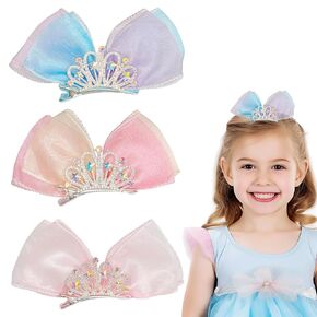 EleMirsa 3PCS Bow Hair Clips for Girls Crown Tiara Hair Barrettes Crown Rhinestone Hair Clips Bow Hair Accessories for Baby Girls Toddlers Kids