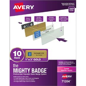 The Mighty Badge by Avery, 1" x 3" Gold Name Tags, 10 ID Badges, 80 Inserts for Laser Printers (71204)