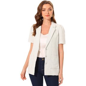 Allegra K Casual Blazer for Women's Lapel Collar Button Down Office Work Short Sleeve Tweed Blazers