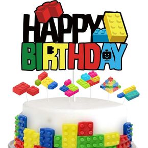 7Pcs Building Blocks Happy Birthday Cake Topper Colorful Glitter Color Building Brick Theme Birthday Party Supplies for Boys Girls Kids